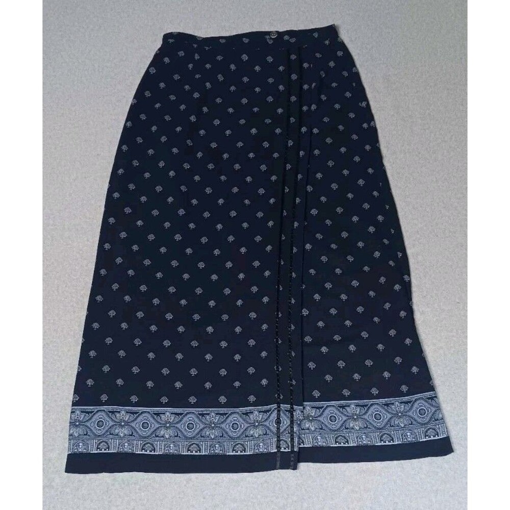 VTG Emma James Liz Claiborne Faux Wrap Maxi Skirt 12 Navy Blue Bandana Festival